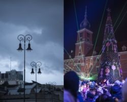 Kolaż czterech zdjęć z nowym mostem Łazienkowskim, z wymienionym oświetleniem, z iluminacją świąteczną oraz nową sygnalizacją.