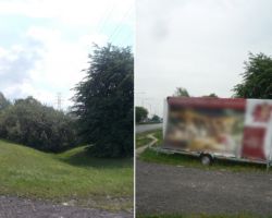 Dwa zdjęcia tego samego trawnika z nielegalną reklamą i po jej usunięciu.