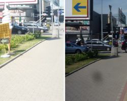 Dwa zdjęcia tego samego chodnika z reklamą i po jej usunięciu.