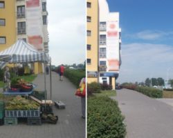 Dwa zdjęcia tego samego chodnika z nielegalnym warzywniakiem i po jego usunięciu.