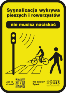 Wzór naklejki na sygnalizatory. Wyraźna żółta naklejka z czarnymi napisami i symbolami. Tekst "Sygnalizacja wykrywa pieszych i rowerzystów. Nie musisz naciskać". Na naklejce znajduje się kod QR oraz logotyp miejskiego centrum kontaktu warszawa 19 115.