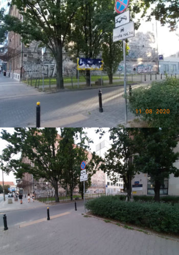 Na górnym zdjęciu nielegalnie postawiona reklama, na zdjęciu dolnym to samo miejsce po jej usunięciu.