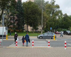 Ludzie przechodzą ulicą przedzieloną przejściem z azylami