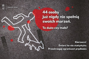 Grafika z napisem 44 osoby juz nigdy nie spełnią swoich marzeń. To dużo czy mało? Kierowco! Śmierć to nie statystyka. Przestrzegaj ograniczeń prędkości.