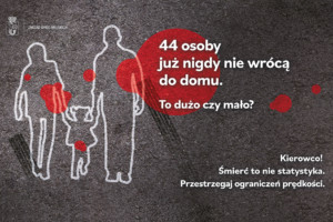 Grafika z napisem 44 osoby juz nigdy nie wrócą do domu. To dużo czy mało? Kierowco! Śmierć to nie statystyka. Przestrzegaj ograniczeń prędkości.