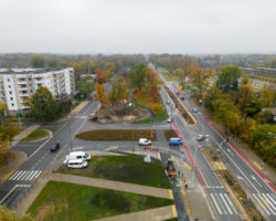 Widok z drona na skrzyżowanie ulic Marywilskiej i Kupieckiej.