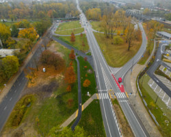 Widok z drona na skrzyżowanie ulic Marywilskiej i Kupieckiej.