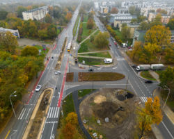 Widok z drona na skrzyżowanie ulic Marywilskiej i Kupieckiej.