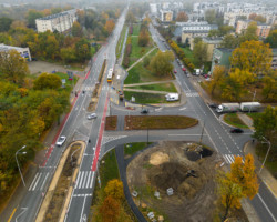 Widok z drona na skrzyżowanie ulic Marywilskiej i Kupieckiej.