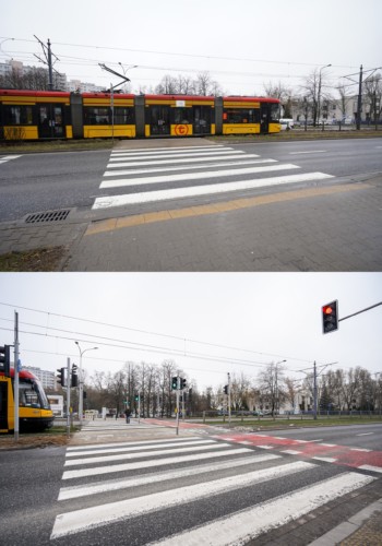 Górne zdjęcie przedstawia przejście dla pieszych bez zamontowanej sygnalizacji świetlnej, na dolnym zdjęciu jest już ona zainstalowana.