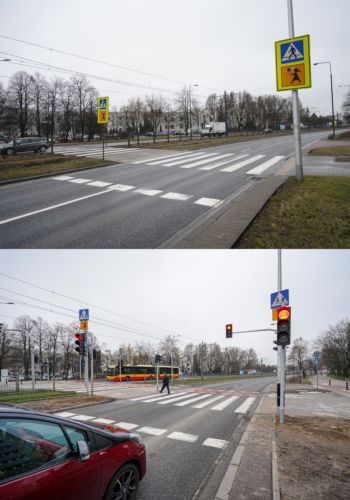 Górne zdjęcie przedstawia przejście dla pieszych bez zamontowanej sygnalizacji świetlnej, na dolnym zdjęciu jest już ona zainstalowana.