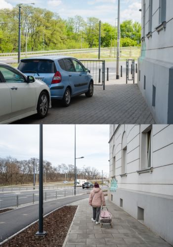 Na górnym zdjęciu zaparkowane auta, na dolnym spacerująca kobieta.