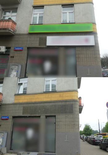 Górne zdjęcie przedstawia nielegalną reklamą na budynku, dolne zdjęcie pokazuje ten sam budynek bez reklamy.