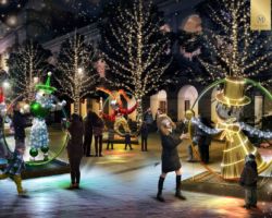Wizualizacja przedstawia rodziny spędzające czas wolny przy świątecznych iluminacjach na skwerze Hoovera