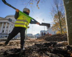 Dzieci ze śródmiejskich przedszkoli i szkół podstawowych z łopatą w ręku przy nowo posadzonych drzewach na placu Trzech Krzyży